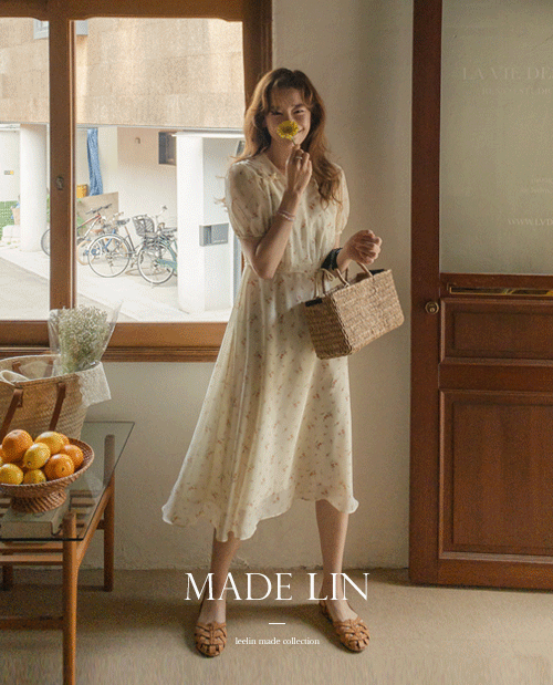 leelin-[MADE LIN슬림맵시 브이넥 플로럴 허리끈 원피스[size:F(55~66)]]♡韓國女裝連身裙