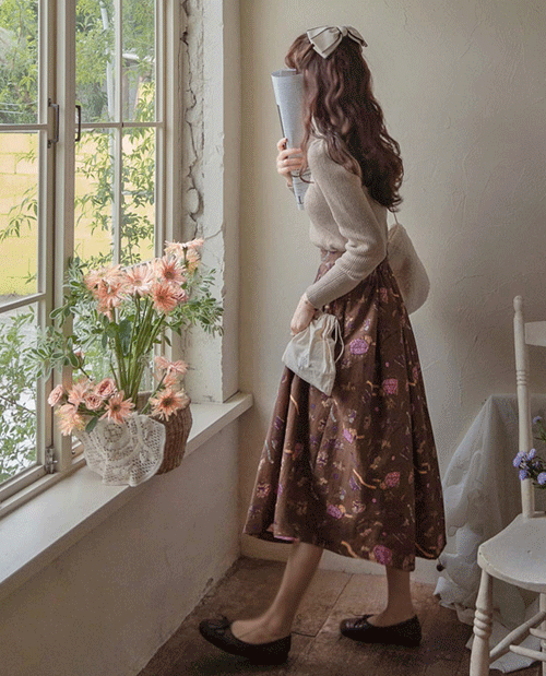 leelin-[아모르 프린팅 엣지주름 촉촉바스락 스커트[size:F(55~66)]]♡韓國女裝裙