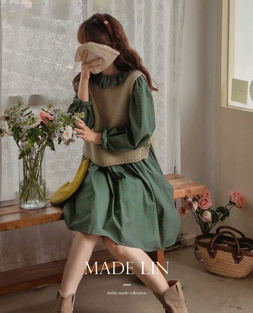 leelin-[[FW 원피스 1만원특가]MADE LIN줄리양 샤링카라 싱그런 체크 원피스[size:F(55~66)]]♡韓國女裝連身裙