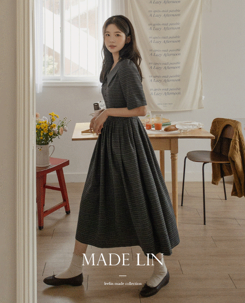 leelin-[MADE LIN5부소매 체크카라 포인트원피스[size:S,M][2차입고 10/6]]♡韓國女裝連身裙
