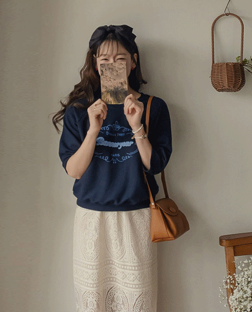 leelin - [에이첼 배색자수 맨투맨 [size:F(55~66반)]]♡韓國女裝上衣