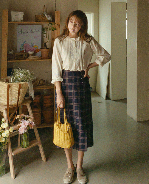 leelin-[[LABEL]므네 체크 버튼 롱 스커트[size:F(55~66)]]♡韓國女裝裙
